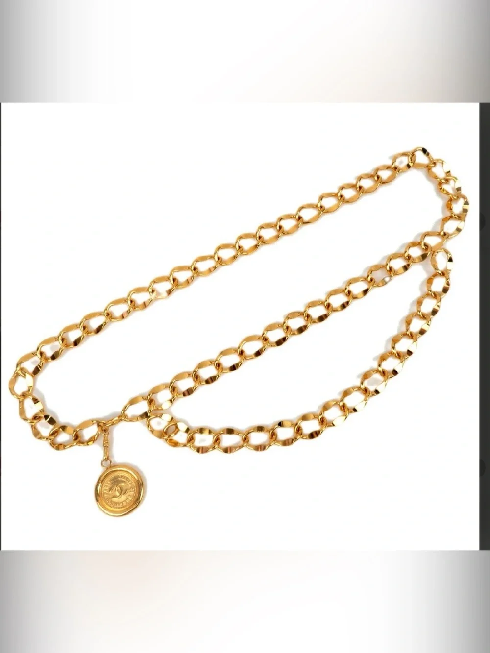 Authentic CHANEL vintage gold plated chain links double belt 75cm